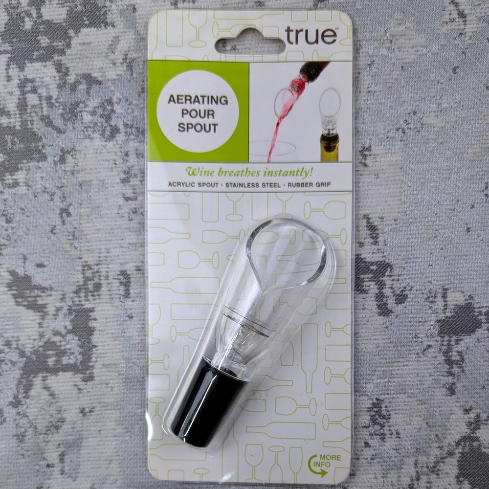 True Aerating Wine Pour Spout Clear Acrylic Stainless Steel Rubber Grip NEW